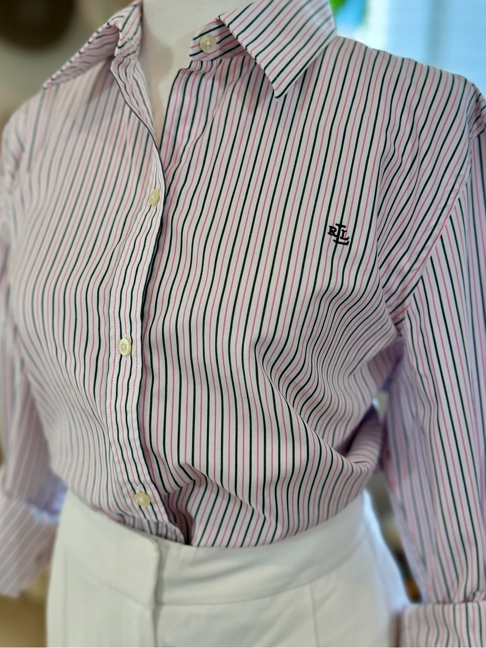 Lauren Ralph Lauren Shirt L Pink Black Pinstripe 100% Cotton Non Iron Preppy - Picture 2 of 10